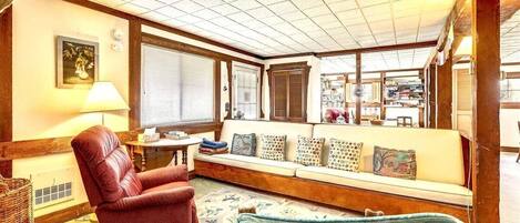 TV, fireplace, books