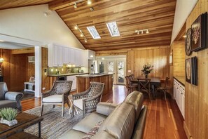TV, fireplace, books