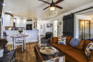 Smart TV, fireplace, DVD player, books