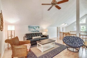 TV, fireplace, books