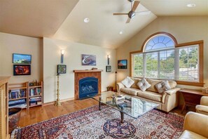 Smart TV, fireplace, books, offices