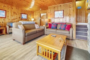 Flat-screen TV, fireplace