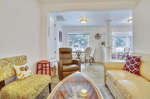 Smart TV, fireplace, books