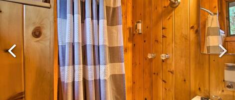 A wooden bathroom with a shower curtain, a sink, and a mirror.