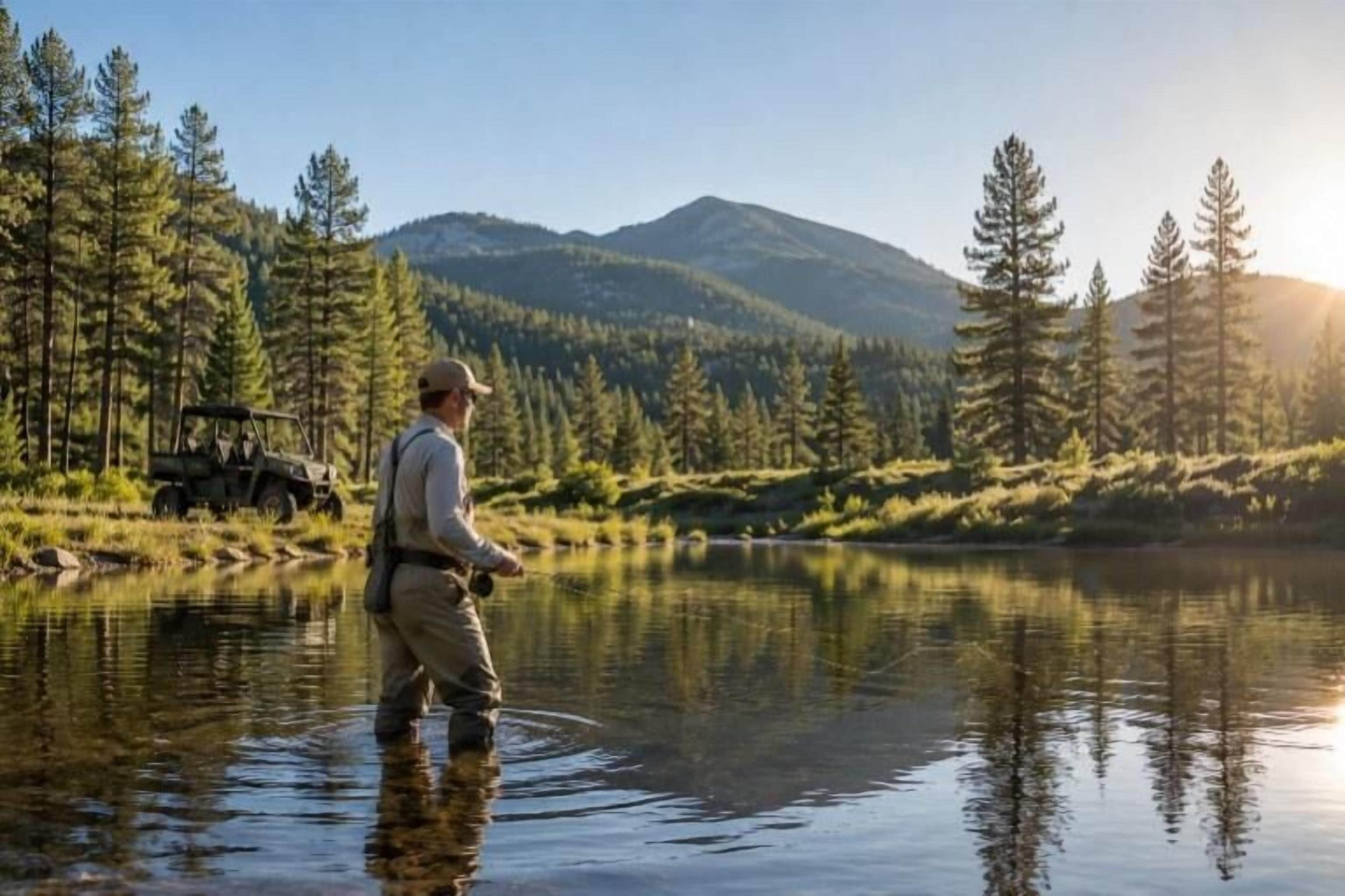 A person fishing by a calm lake surrounded by trees and mountains.
