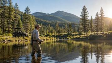 Une personne est en train de pêcher au bord d’un lac paisible, entouré d’arbres et de montagnes.