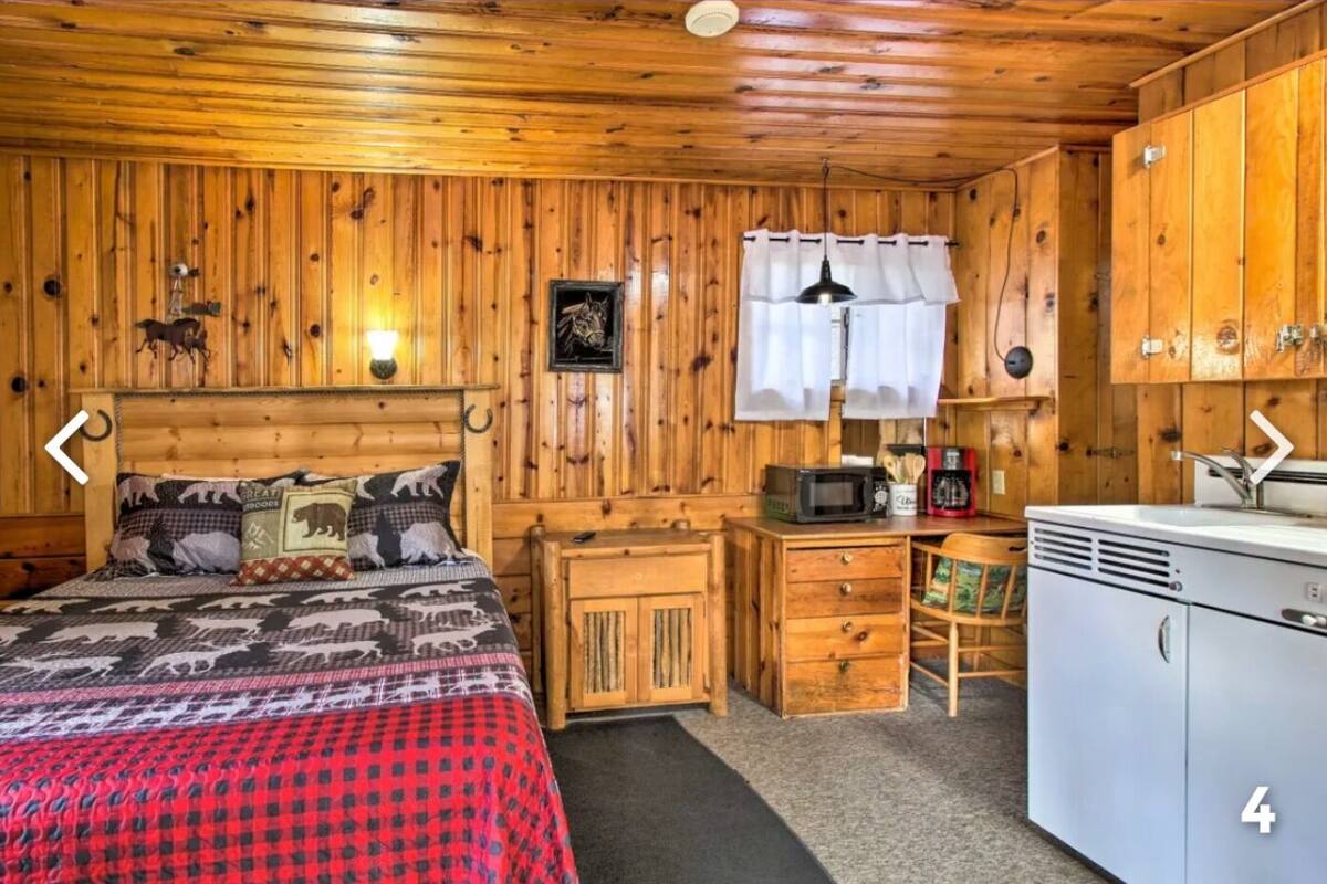 A wooden cabin room with a bed, a small desk, a microwave, and a kitchenette.