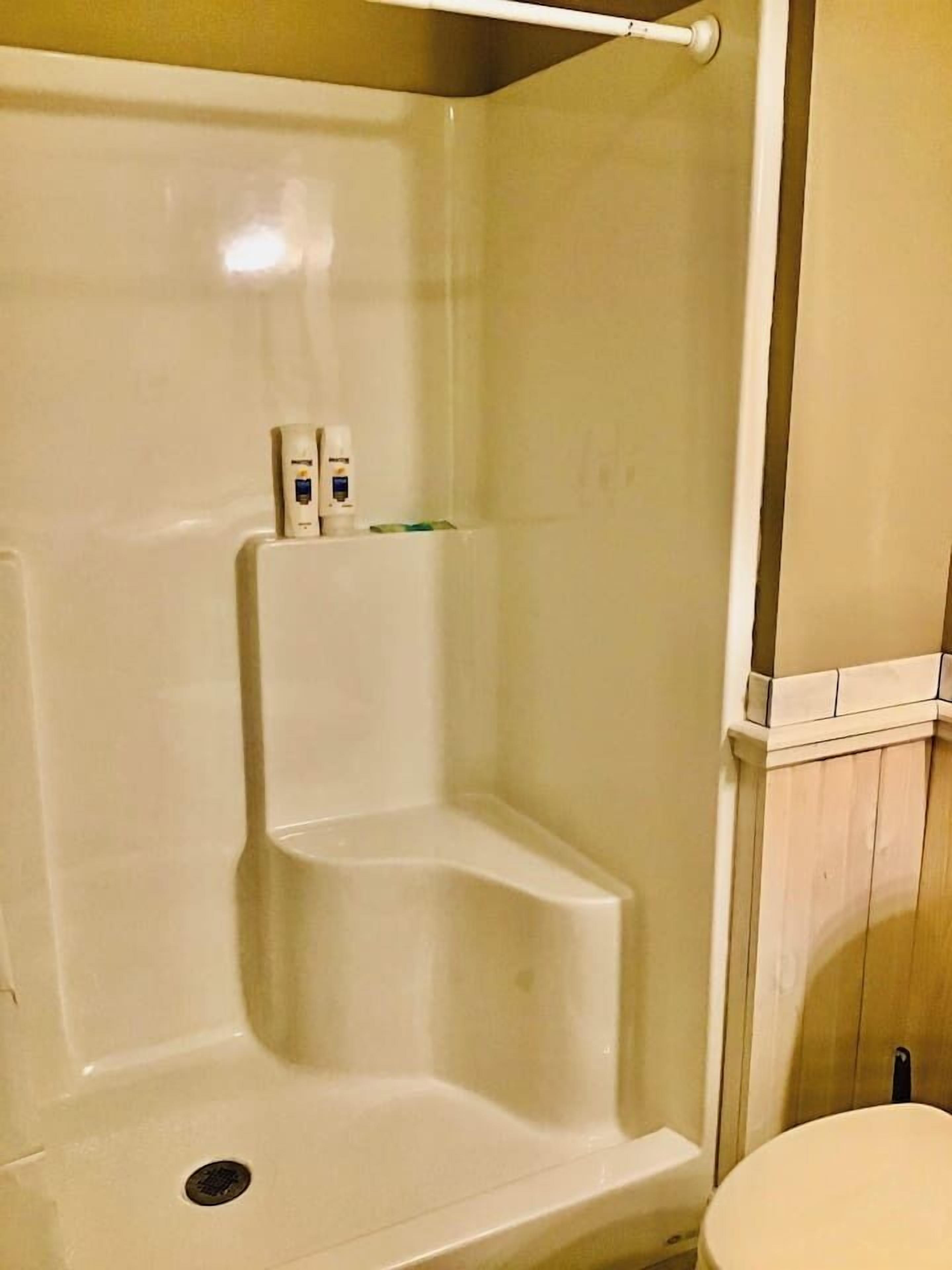 A bathroom with a shower, toilet, and a shelf with toiletries.