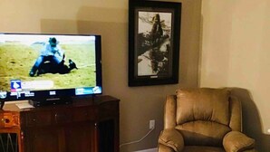 Un salon avec un téléviseur, un tableau encadré au mur, un fauteuil en cuir et un tapis.