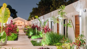 A pathway leading to a building with multiple doors, surrounded by lush greenery and various plants.