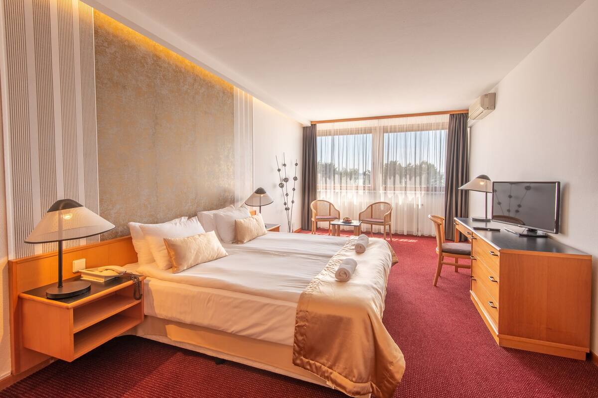 A hotel room with a large bed, a desk, a TV, and a window with curtains.