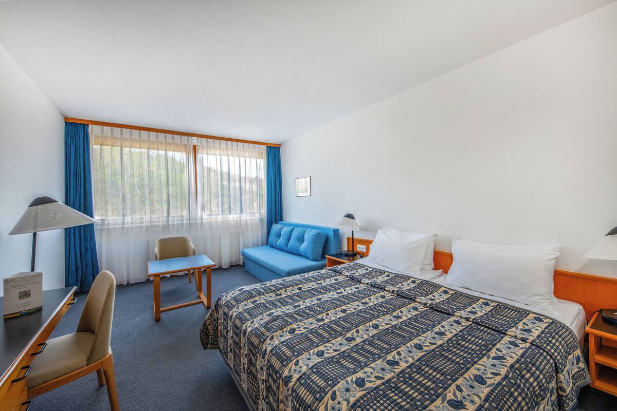 A hotel room with a bed, a desk, a chair, a sofa, and a window with curtains.