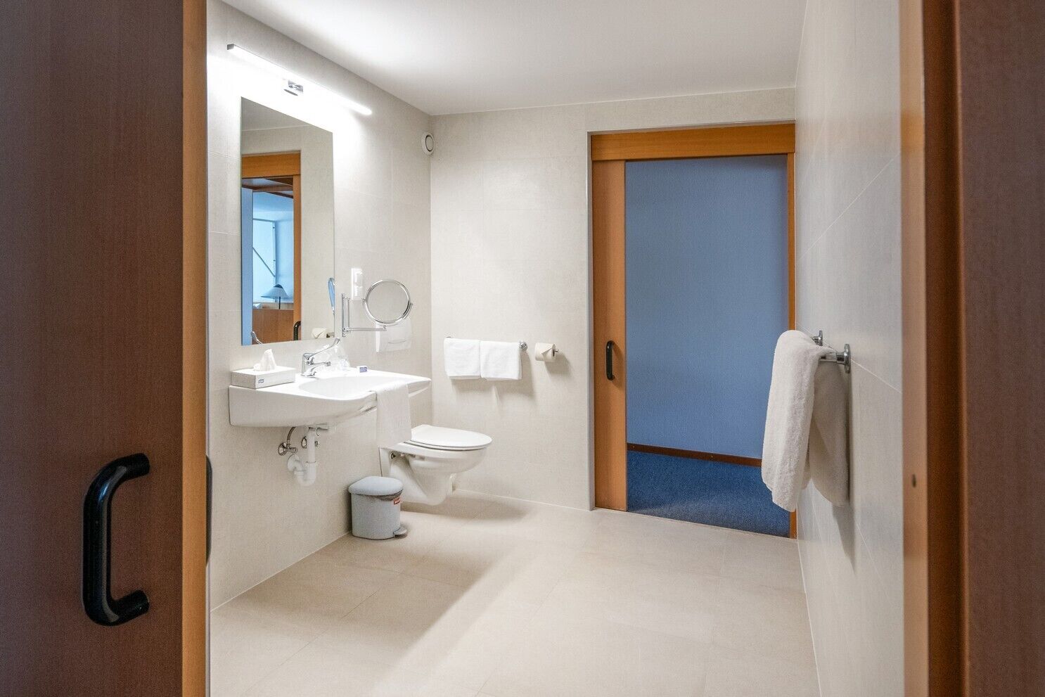 A modern bathroom with a sink, mirror, toilet, and towel rack.