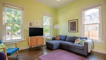 Smart TV, chimenea y libros
