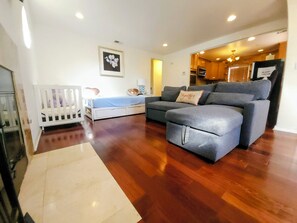 Smart TV, fireplace, foosball