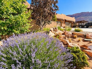 A building with a patio area, surrounded by a garden with lavender plants and a view of mountains.
