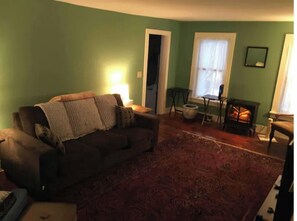 Smart TV, fireplace, DVD player, books