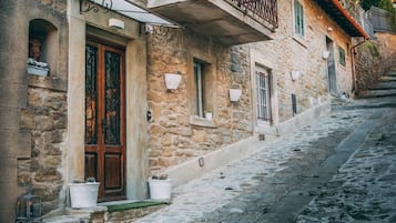 Un edificio in pietra con una porta in legno, piante in vaso e una strada acciottolata.