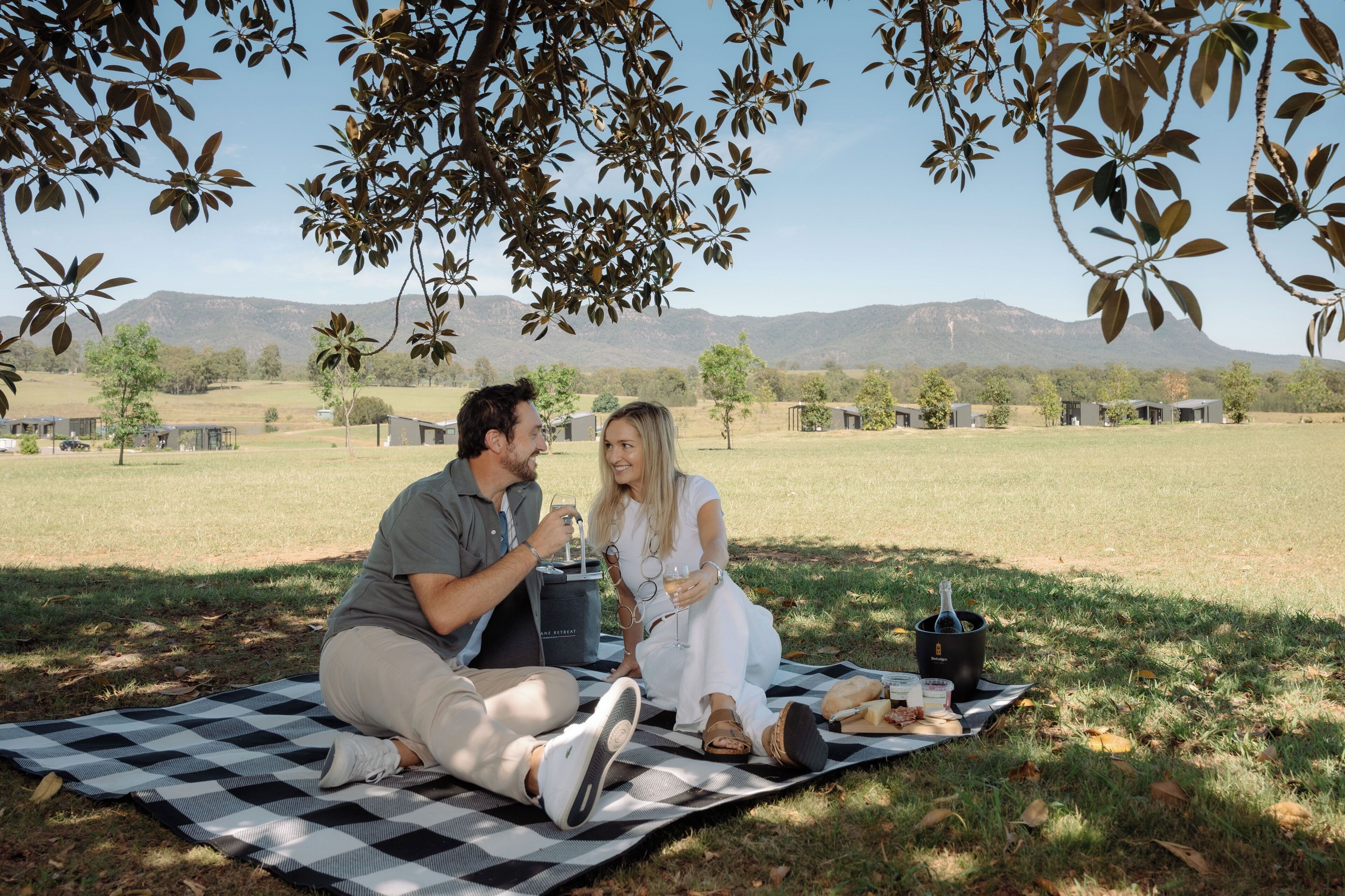 A couple sitting on a checkered blanket outdoors with a picnic setup, including a bottle, glasses, and food.