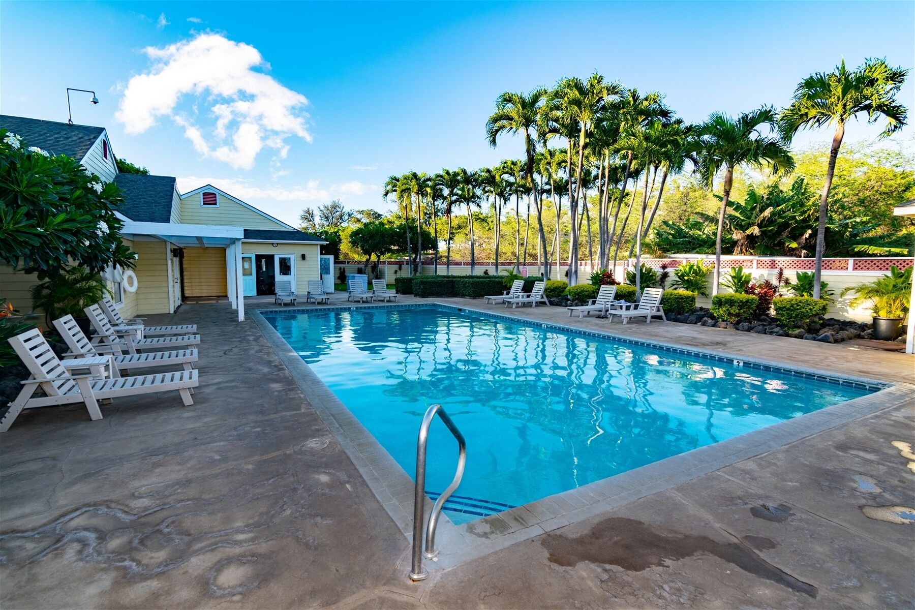 A swimming pool with lounge chairs, palm trees, and a building with a garage.