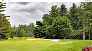 A golf course with sand bunkers, dense trees, and red flowers in the foreground. - Boho shabby chic shack In beautiful resort (Newland)