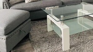 A modern living room with a grey sofa, a glass coffee table, and a tiger print artwork on the wall.