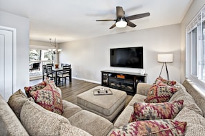 Smart TV, chimenea y libros
