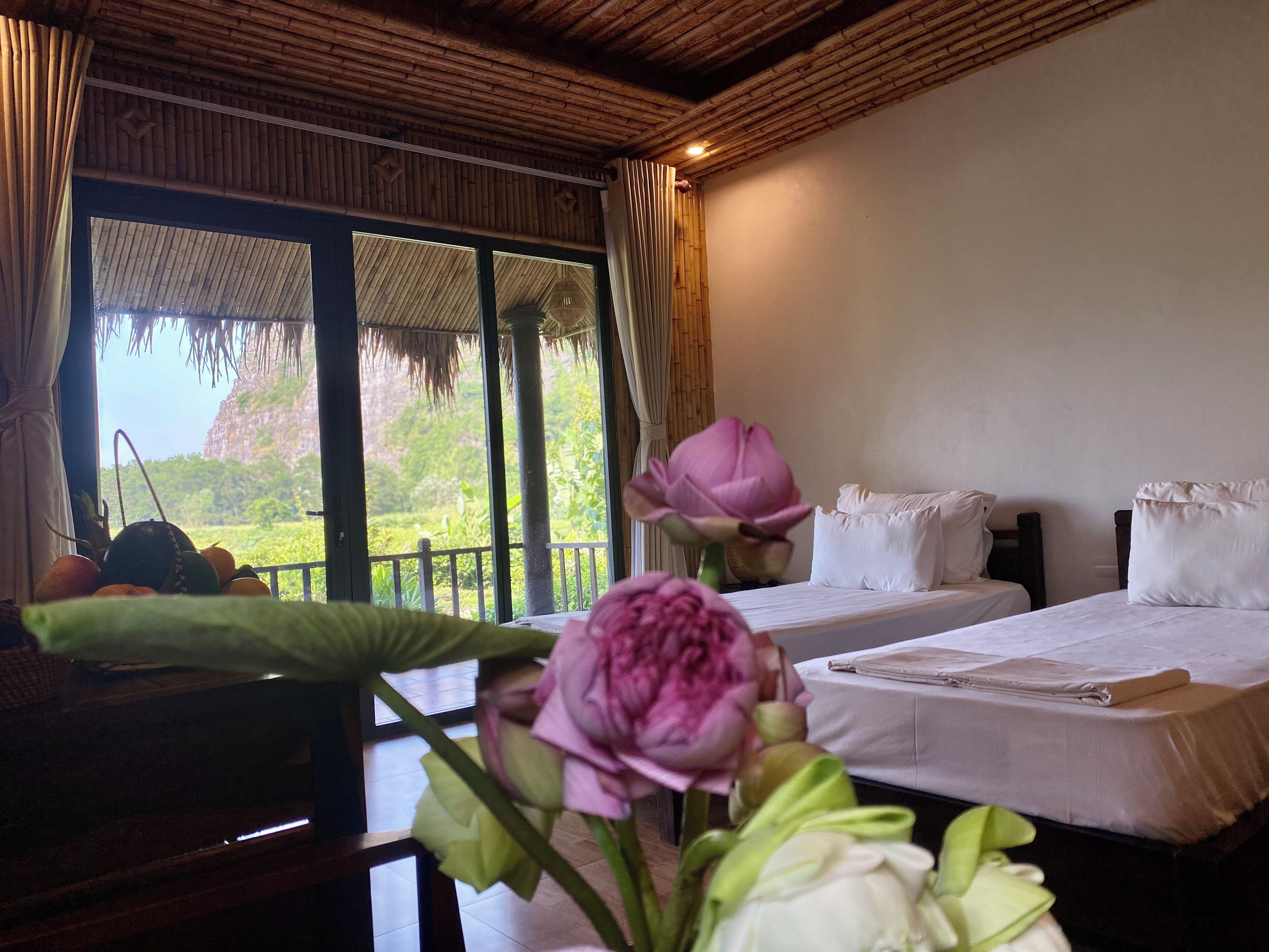 A room with two beds, a large window with a view of greenery, and a thatched ceiling.