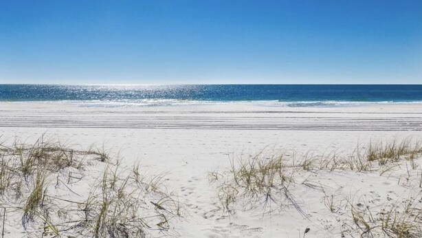 Ein Strand mit blauem Himmel und ruhiger Wellenbewegung.