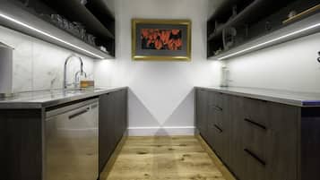 Panoramic Penthouse | Private kitchen | Full-sized fridge, microwave, oven, stovetop