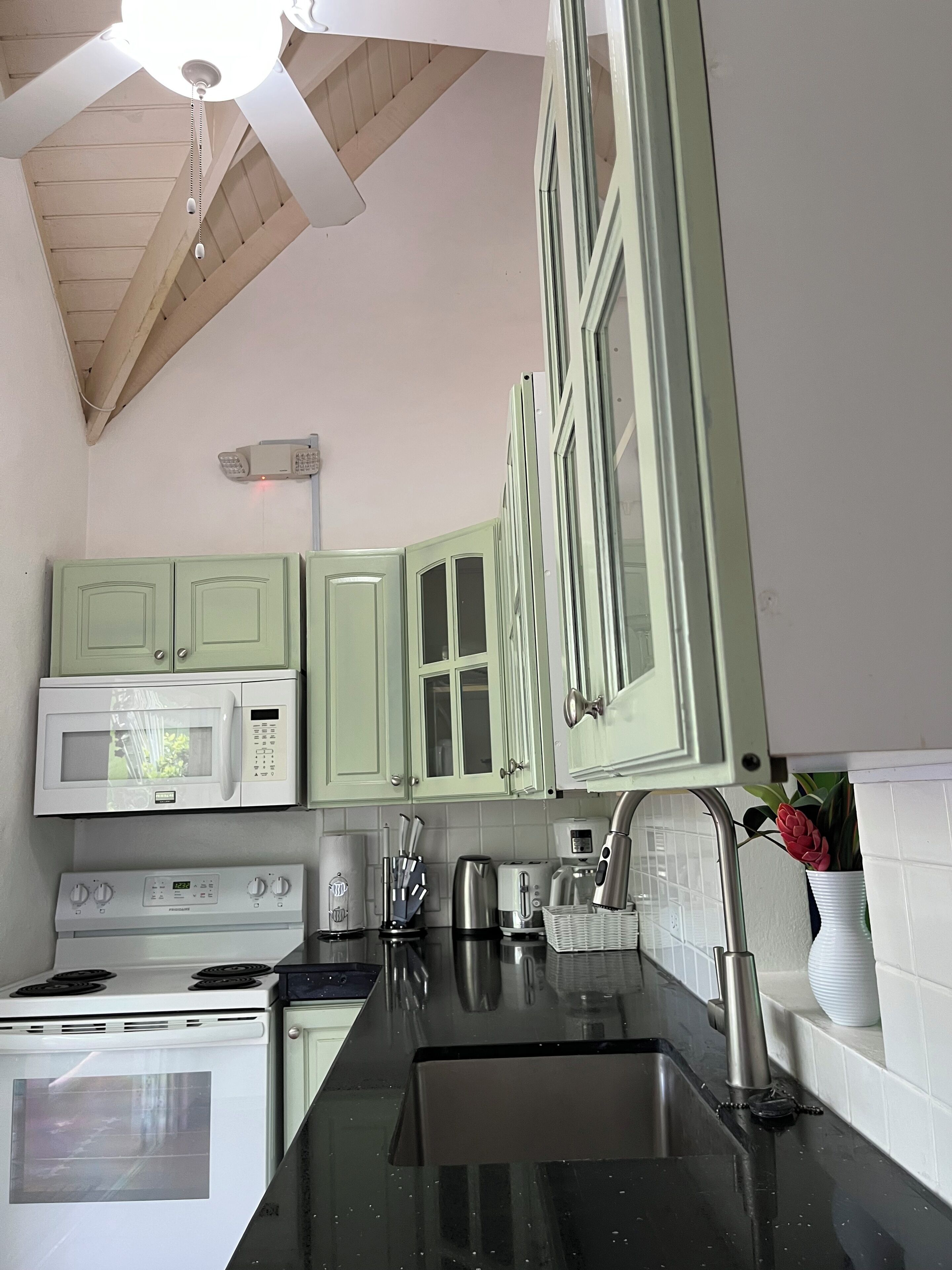 Coffee/tea maker, fridge, microwave, oven