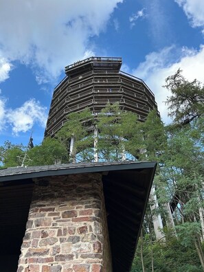 A multi-story building with a circular design, surrounded by trees.