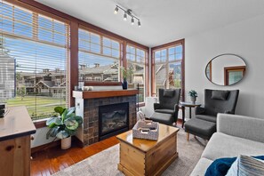 Smart TV, fireplace, DVD player, books