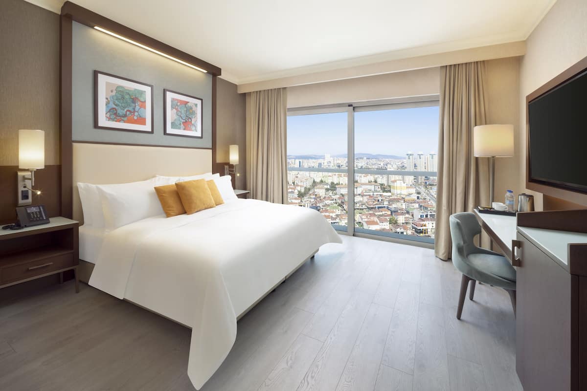 A hotel room with a large bed, a desk, a chair, and a TV. There are two paintings on the wall and a city view through the window.