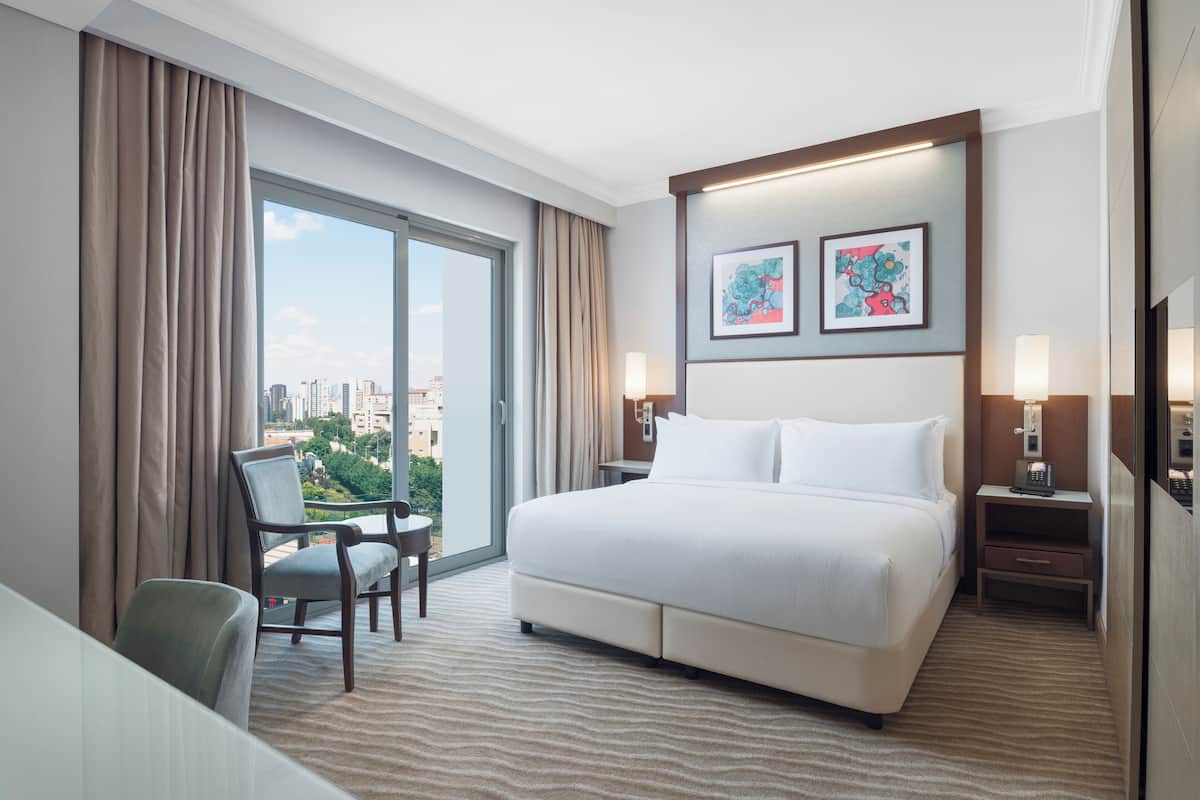 A hotel room with a large bed, a desk, a chair, and a view of the city.