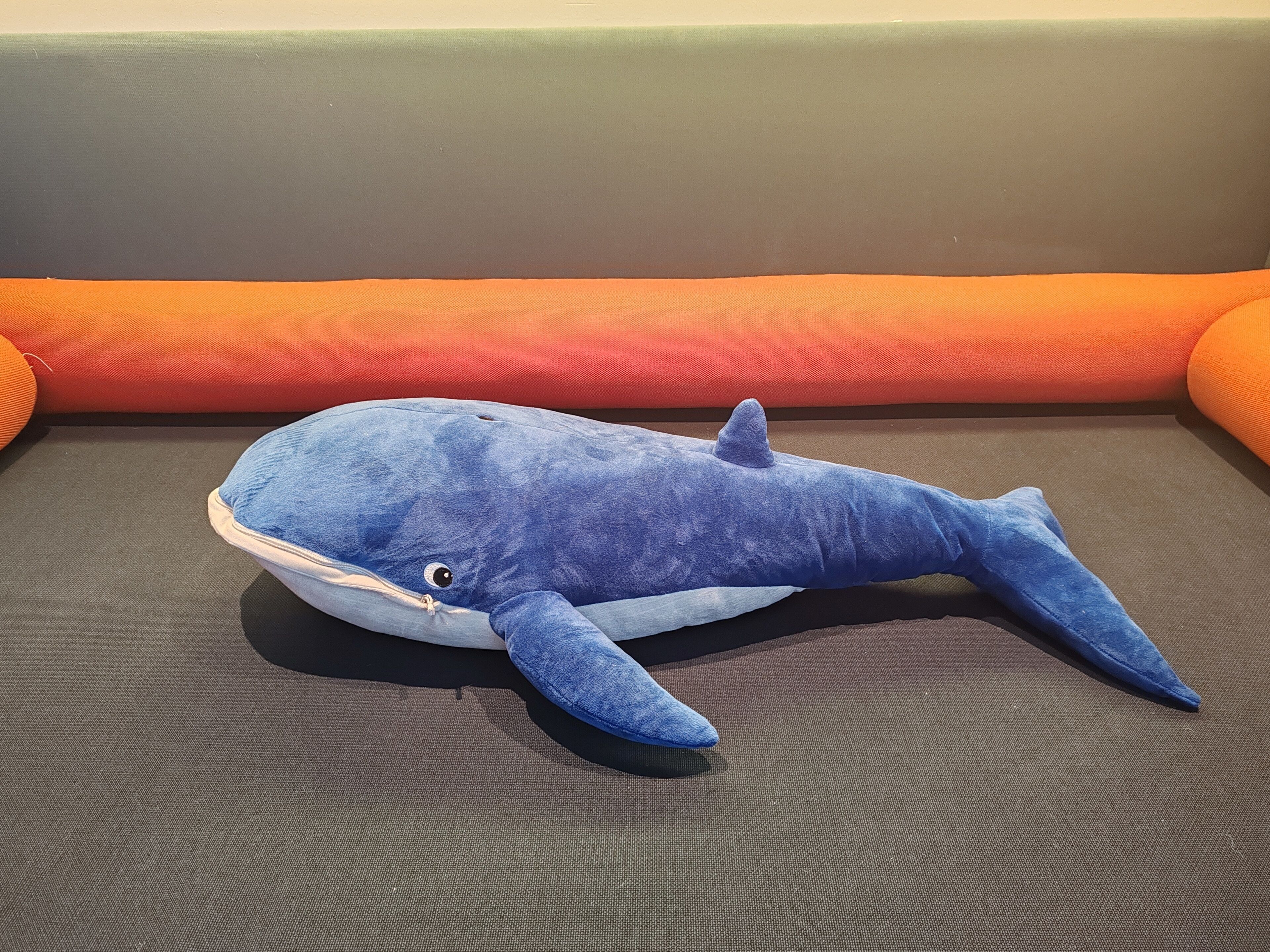 A plush blue whale toy on a gray couch with orange cushions.