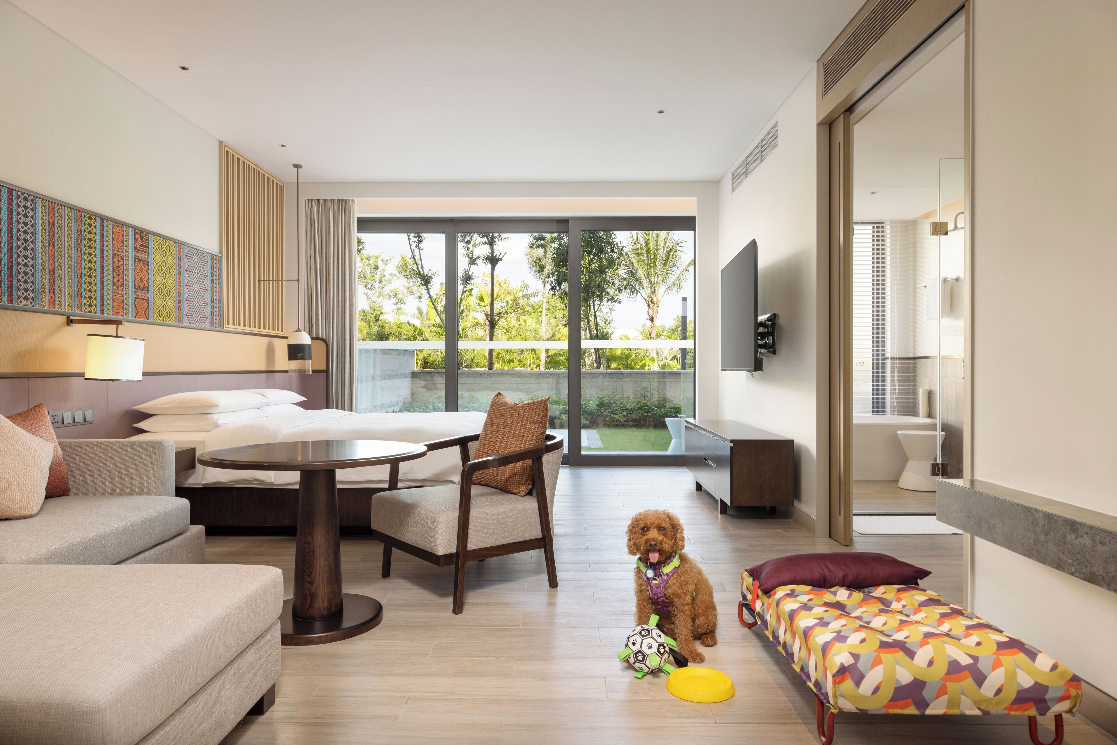 Una habitación de hotel moderna con un sofá, una mesita, un perro y una cama colorida.