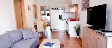 Smart TV, DVD player, books, music library