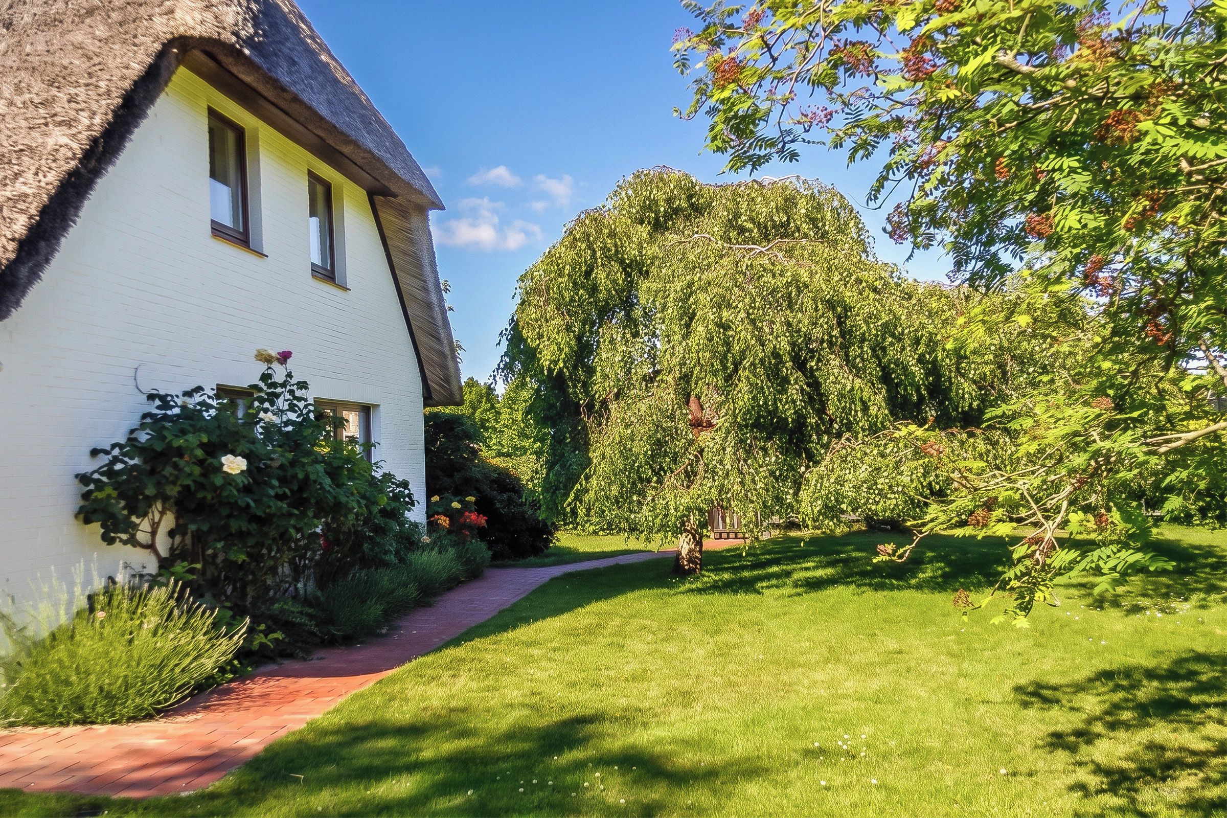 A white house with a thatched roof, a paved pathway, and lush greenery.