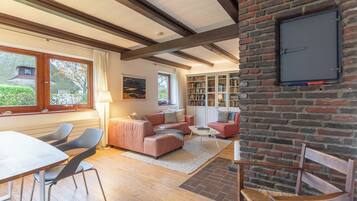 TV, fireplace, books, stereo