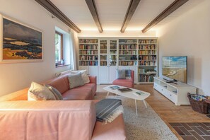 تلفزيون، مدفأة، كُتُب، ستيريو