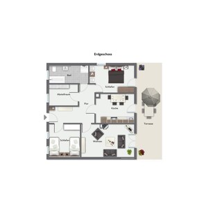 Pianta degli ambienti di un hotel, con indicazione di camera da letto, bagno, cucina, soggiorno e terrazzo.