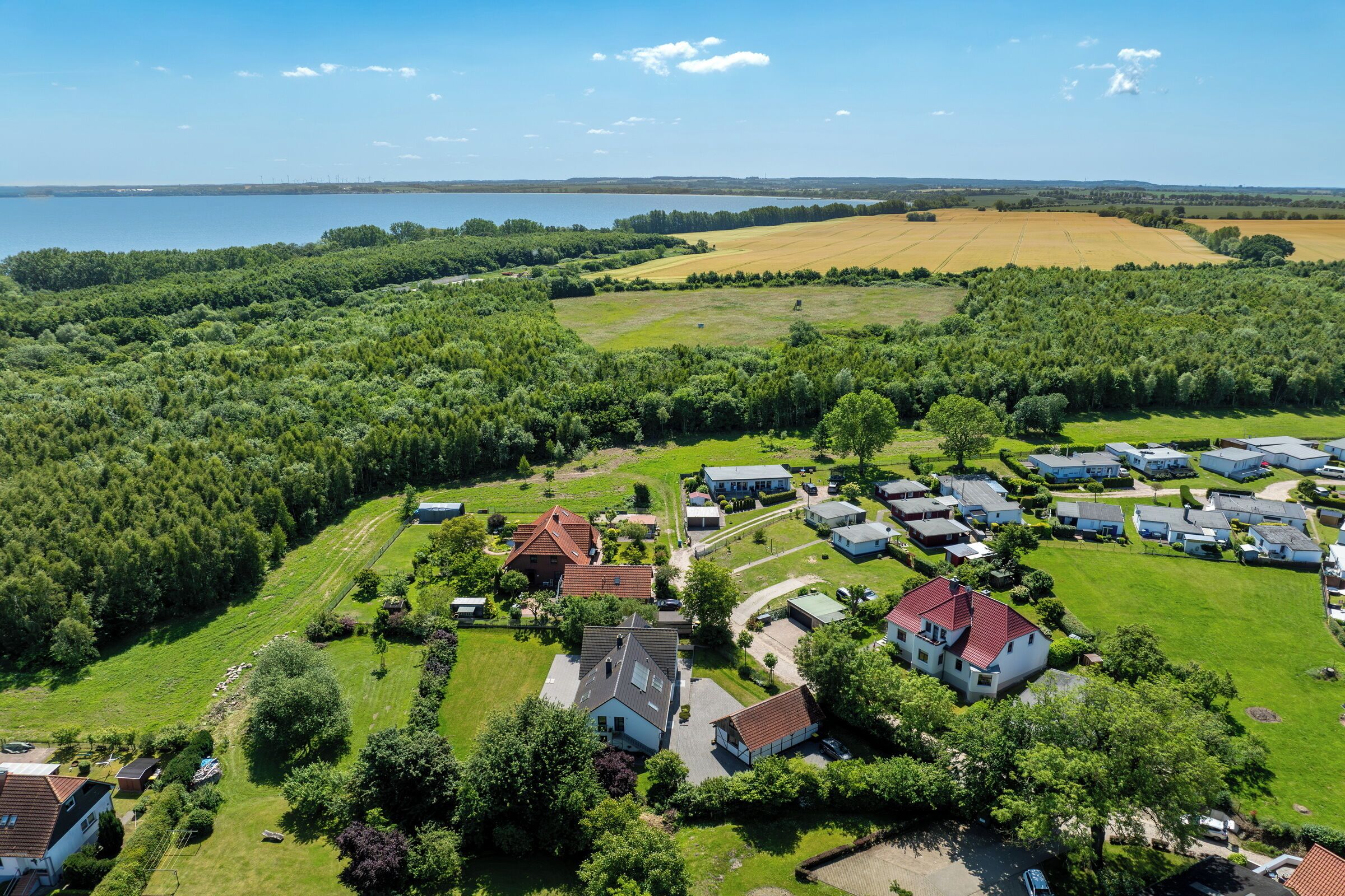 An aerial view of a residential area with houses, a large body of water, and surrounding greenery.