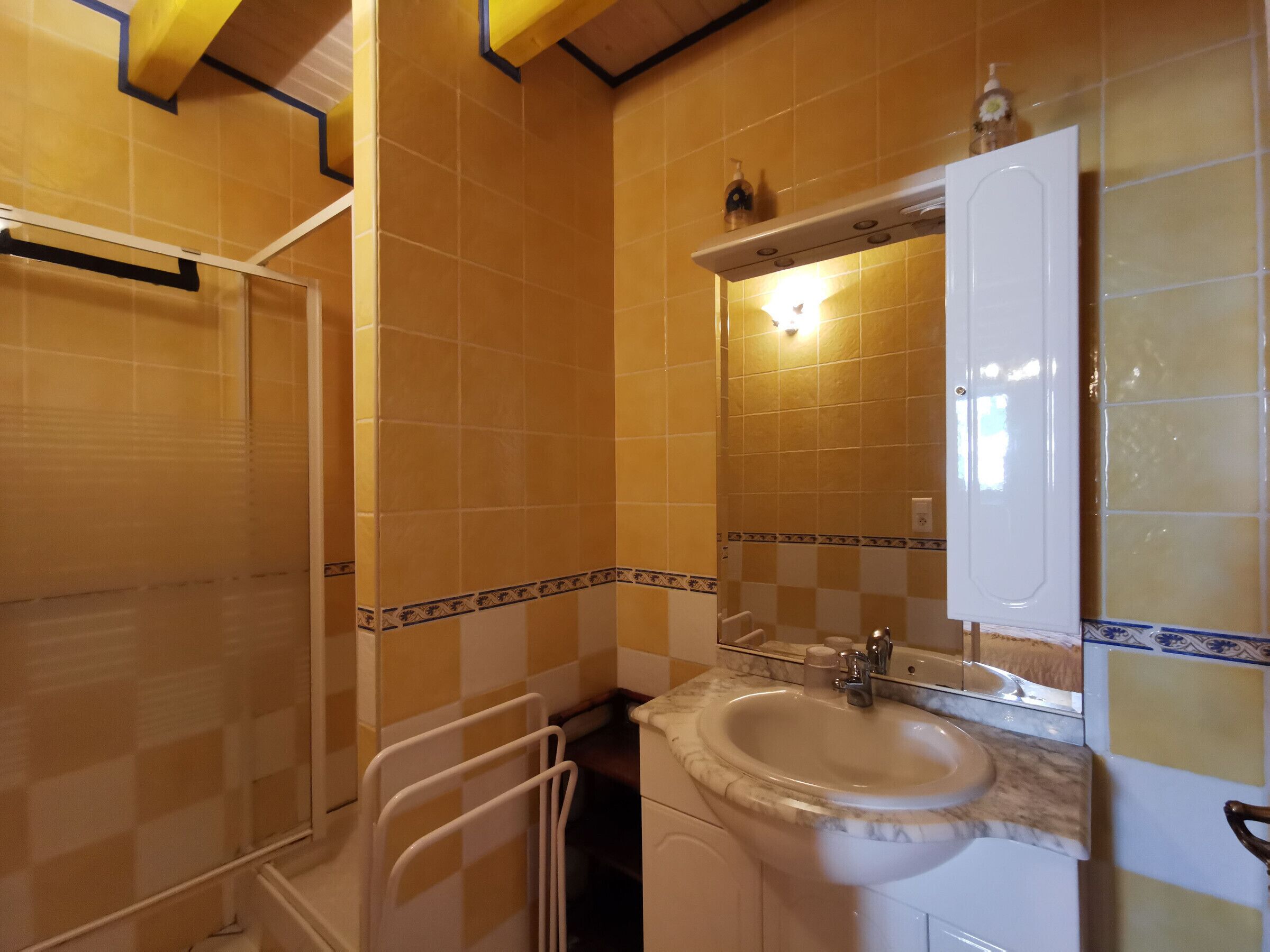 A bathroom with a shower, sink, and mirror.