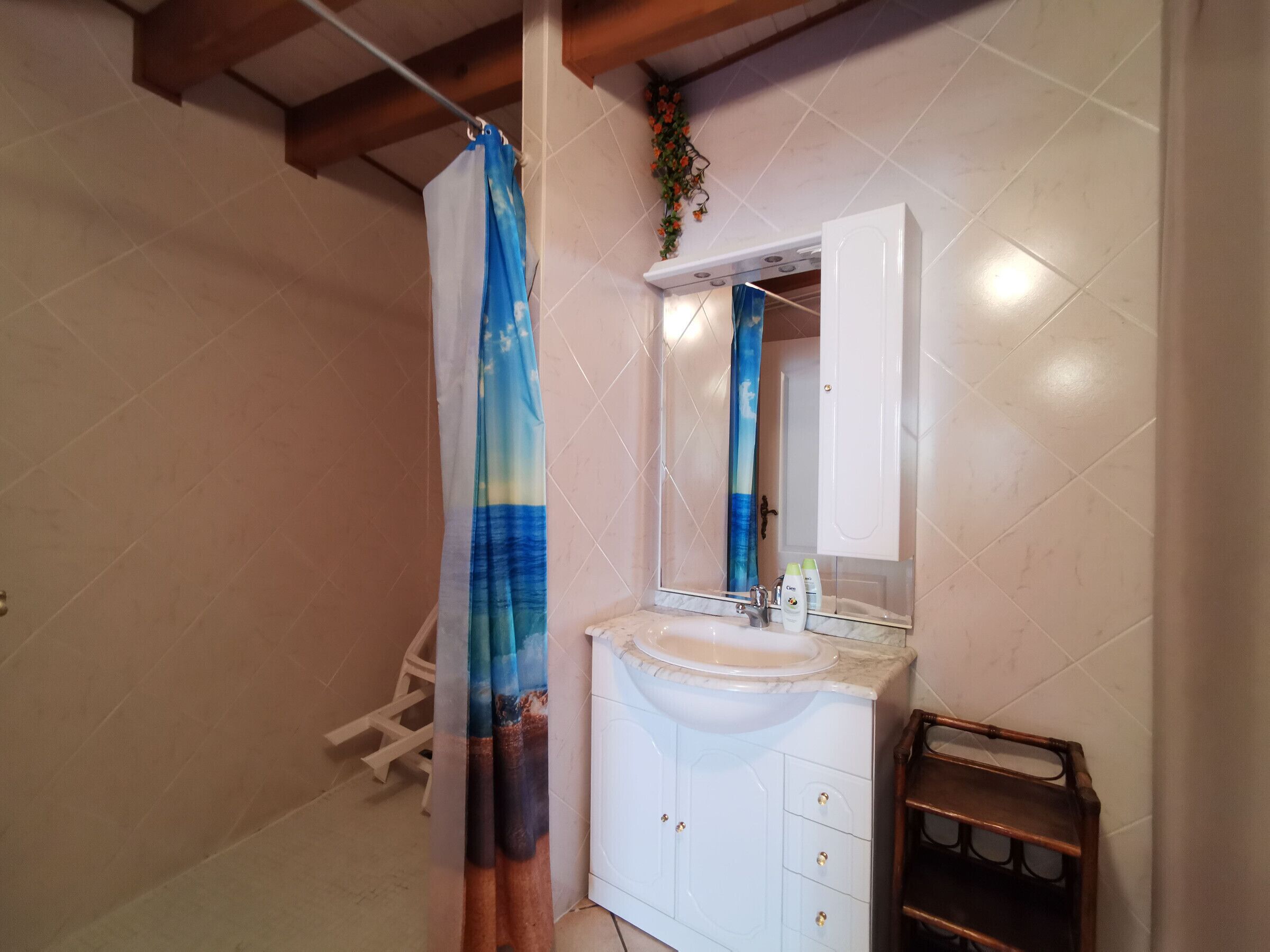 Un baño con tocador blanco, espejo y cortina de ducha.