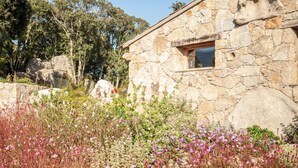 Un bâtiment en pierre doté d’une petite fenêtre, entouré d’un paysage naturel composé d’arbres et de plantes à fleurs.