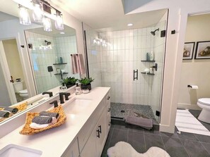 Combined shower/tub, hair dryer