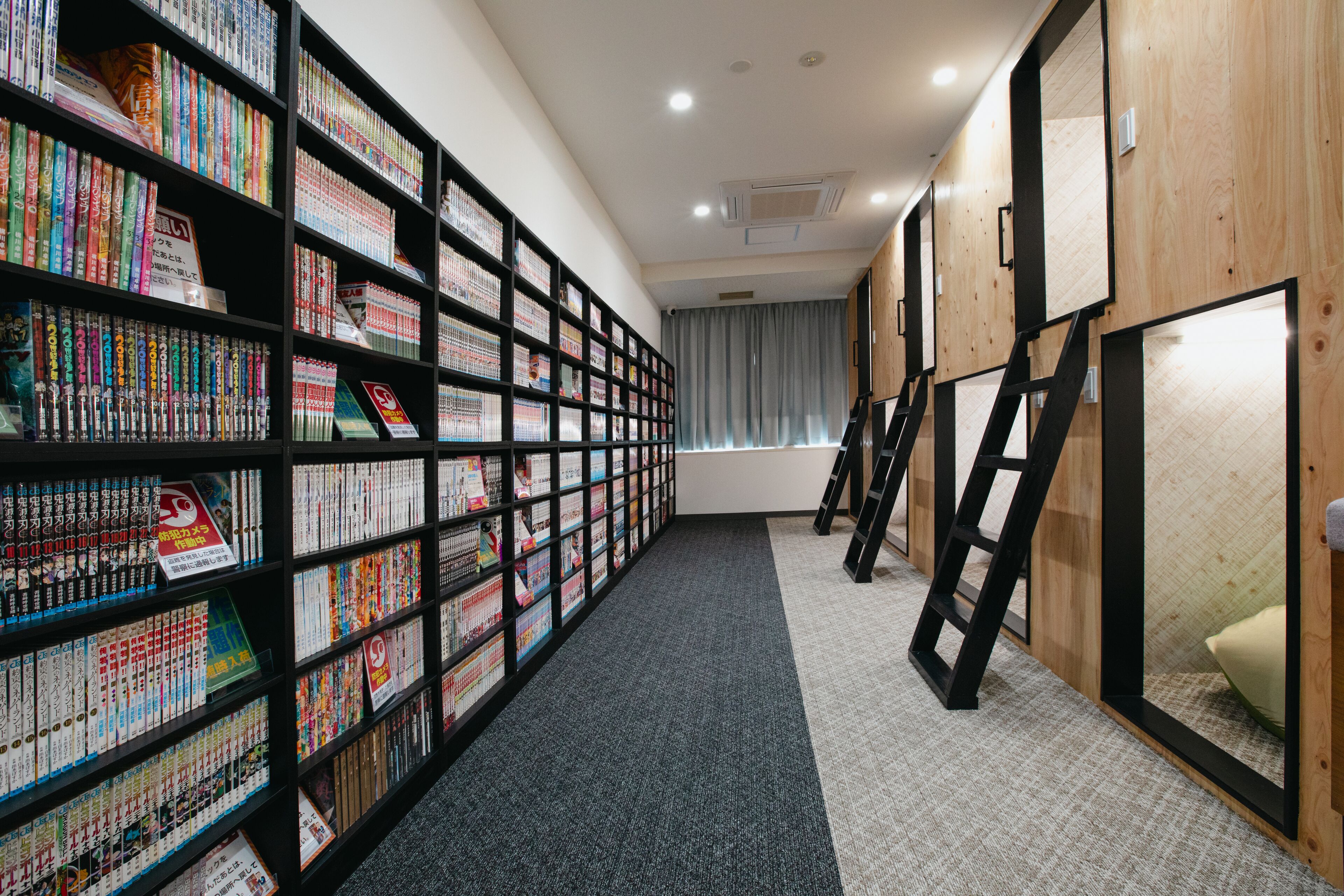 A library with bookshelves, a carpeted floor, and a wooden wall.