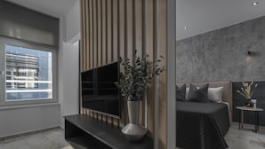 Een moderne slaapkamer met een groot bed, een televisie en een plant.