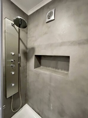 Shower, hair dryer, bidet, towels